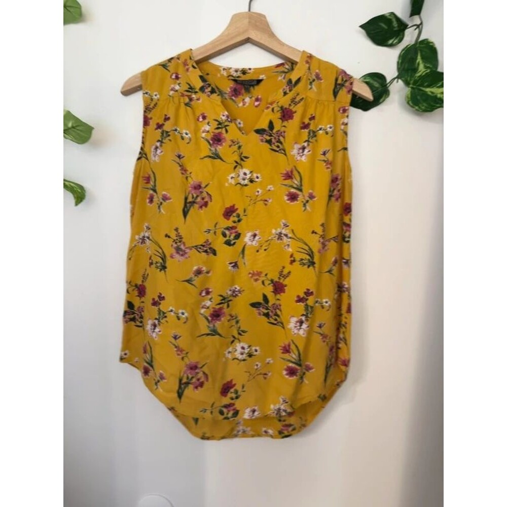 Mustard Floral Sleeveless Blouse Womens Small Boho Cottagecore Tank Top Fall